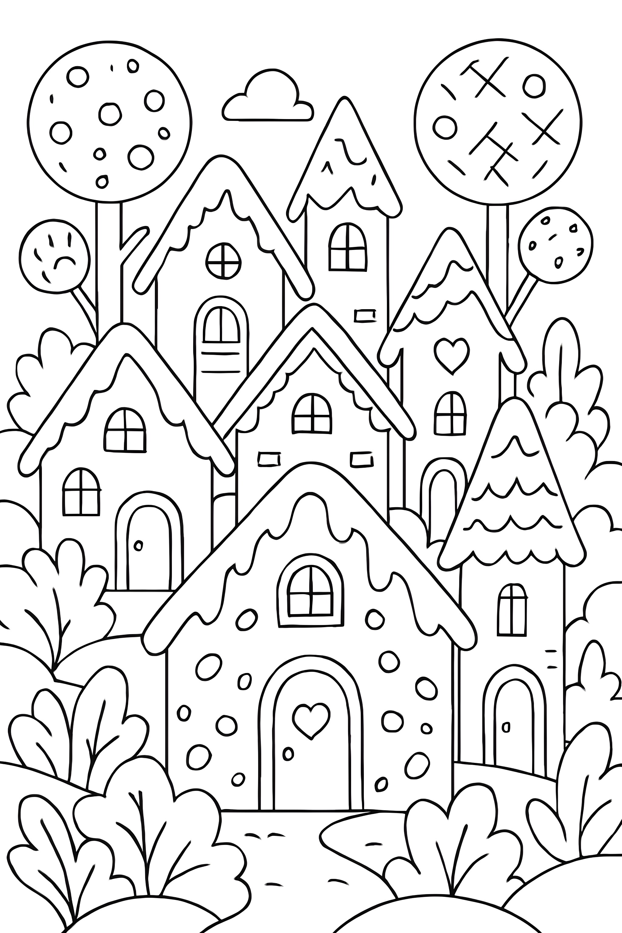 Coloring page featuring multiple cookie houses with frosting roofs and cookie trees, set in a whimsical fantasy landscape
