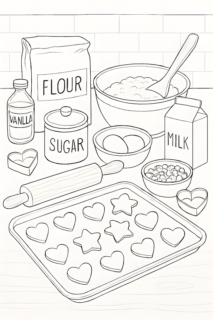 Coloring page of a kitchen counter filled with cookie-making ingredients including flour, sugar, eggs, and a rolling pin