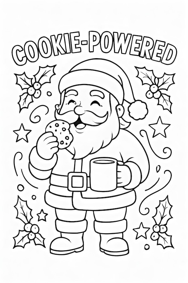 Coloring page featuring a cheerful Santa holding a cookie and a mug, surrounded by holly leaves and stars