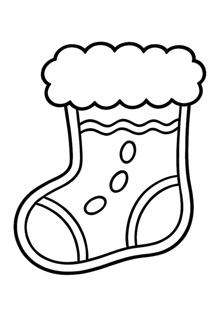 Coloring page of a boot-shaped cookie with fur trim icing effect and decorative details