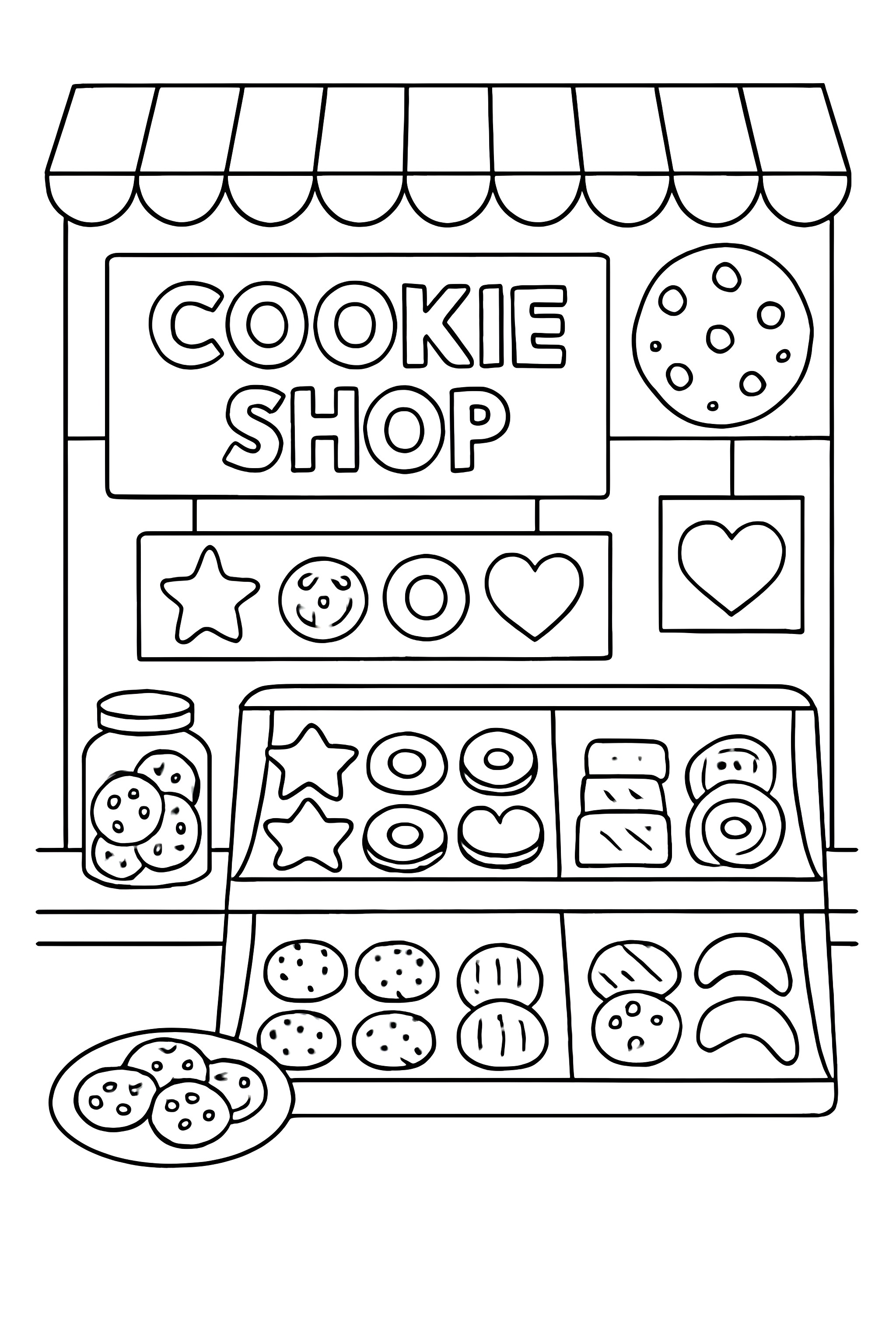 Coloring page of a cookie shop featuring a display with multiple types of cookies, a jar of cookies, and a table stacked with treats