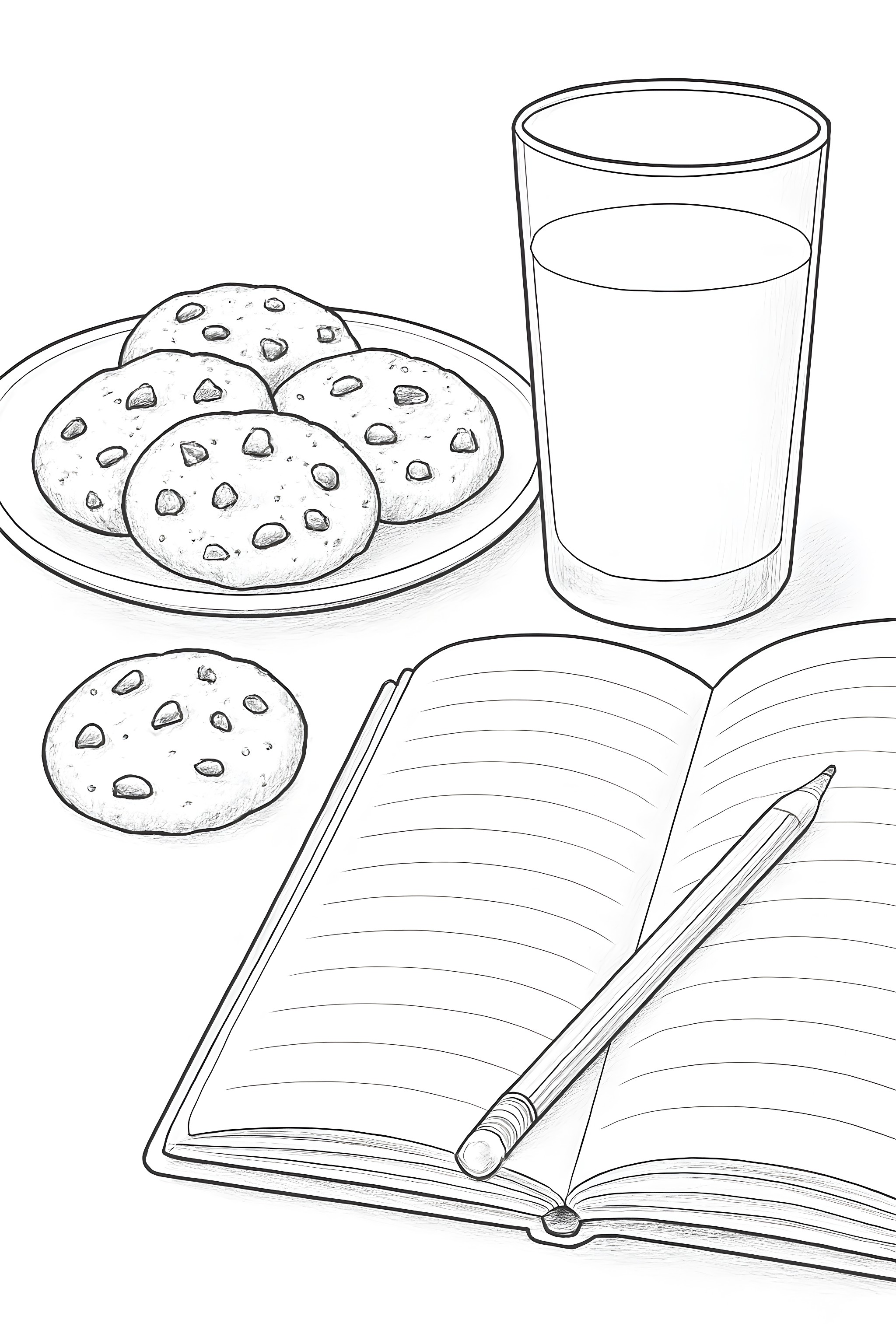 Coloring page featuring cookies on a plate, a glass of milk, an open notebook, and a pencil