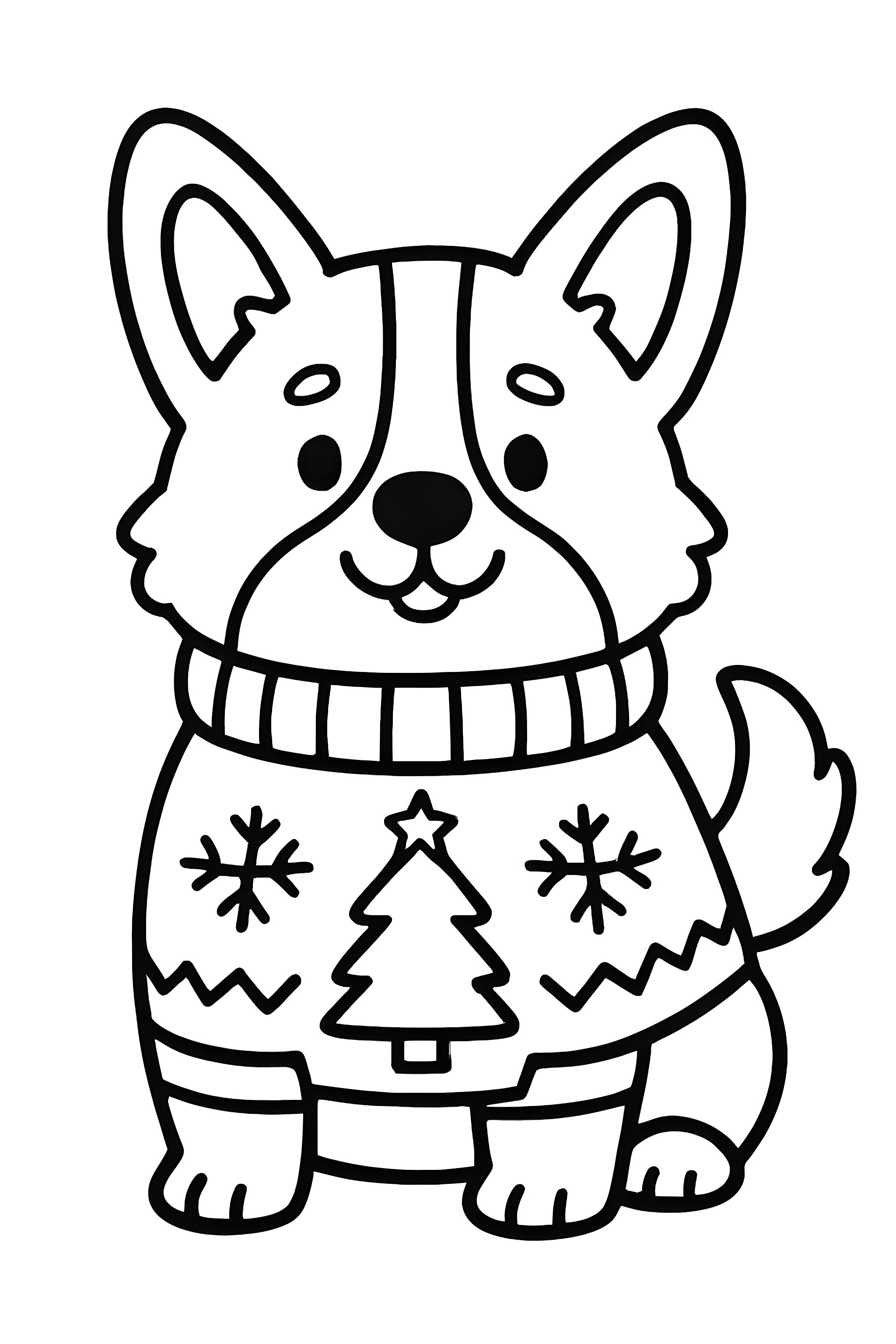 Coloring page of a Corgi wearing a festive Christmas sweater decorated with a tree and snowflakes