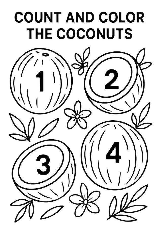 Coloring page of four numbered coconuts with surrounding flowers and leaves
