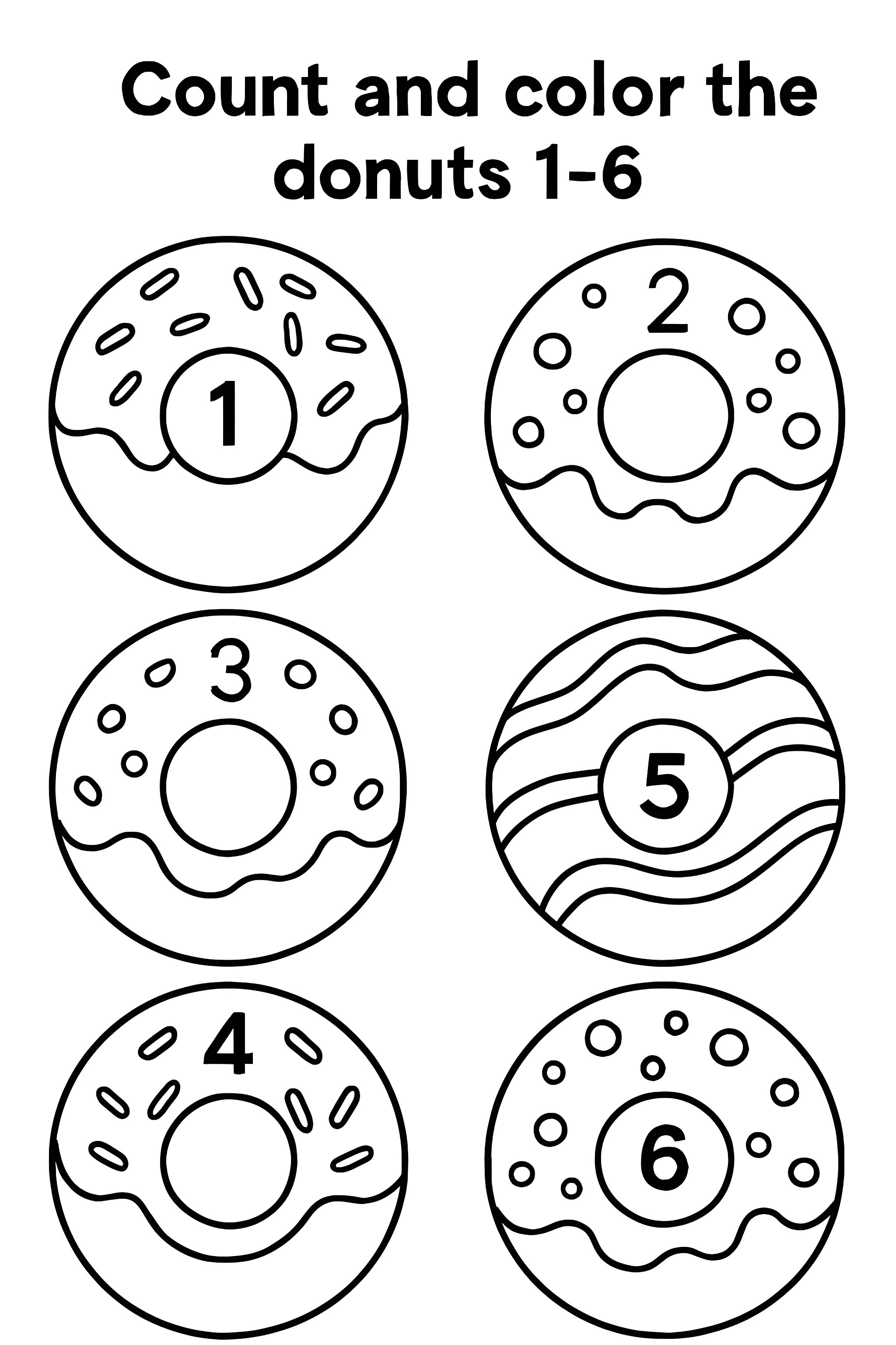 Coloring page featuring six donuts, each numbered 1 to 6, with various icing designs.