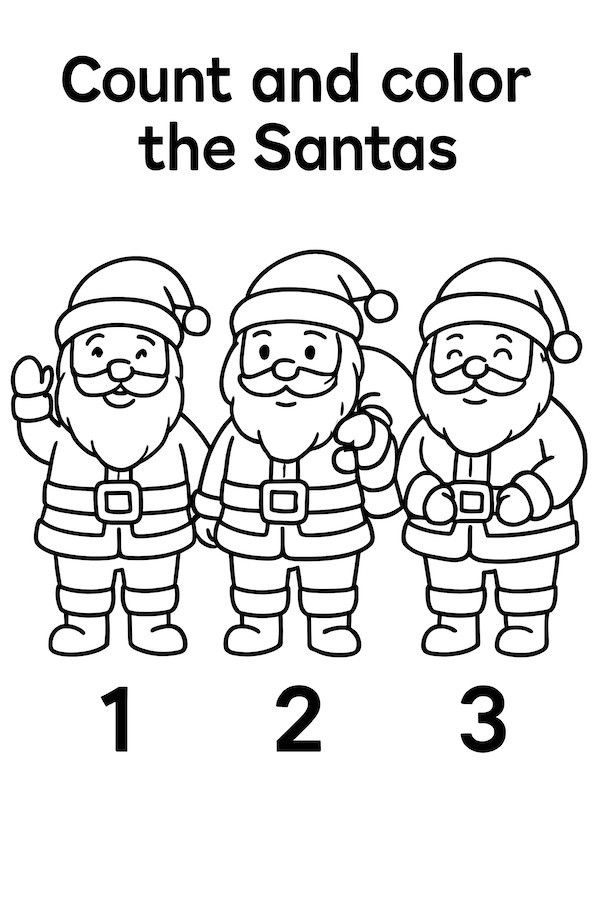 Coloring page of three Santas numbered 1, 2, and 3, waving and holding gifts