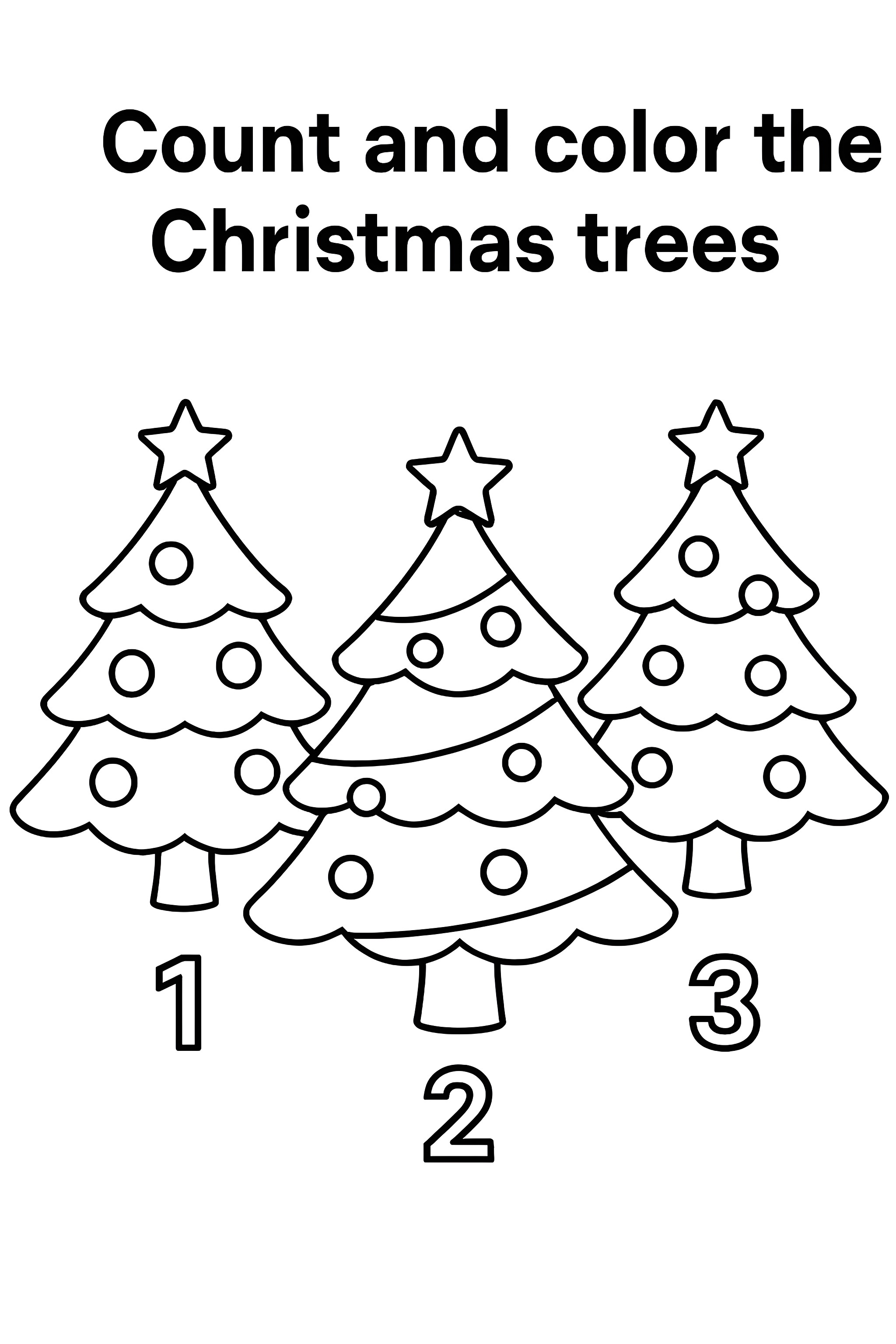 Three Christmas trees labeled 1 to 3, each adorned with ornaments and a star atop