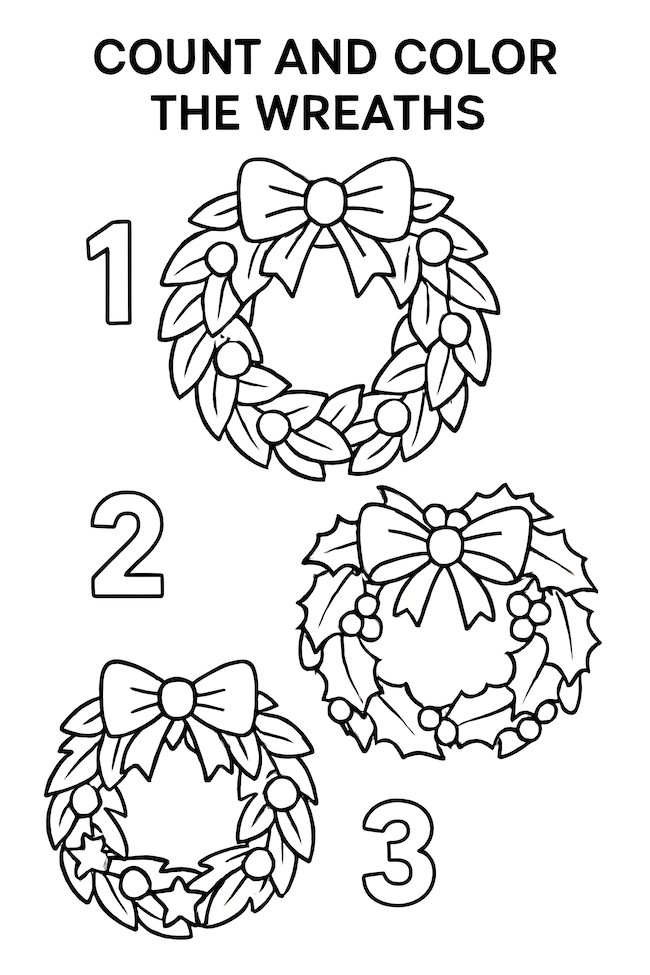 Coloring page of three Christmas wreaths with bows and numbered 1-3 for coloring