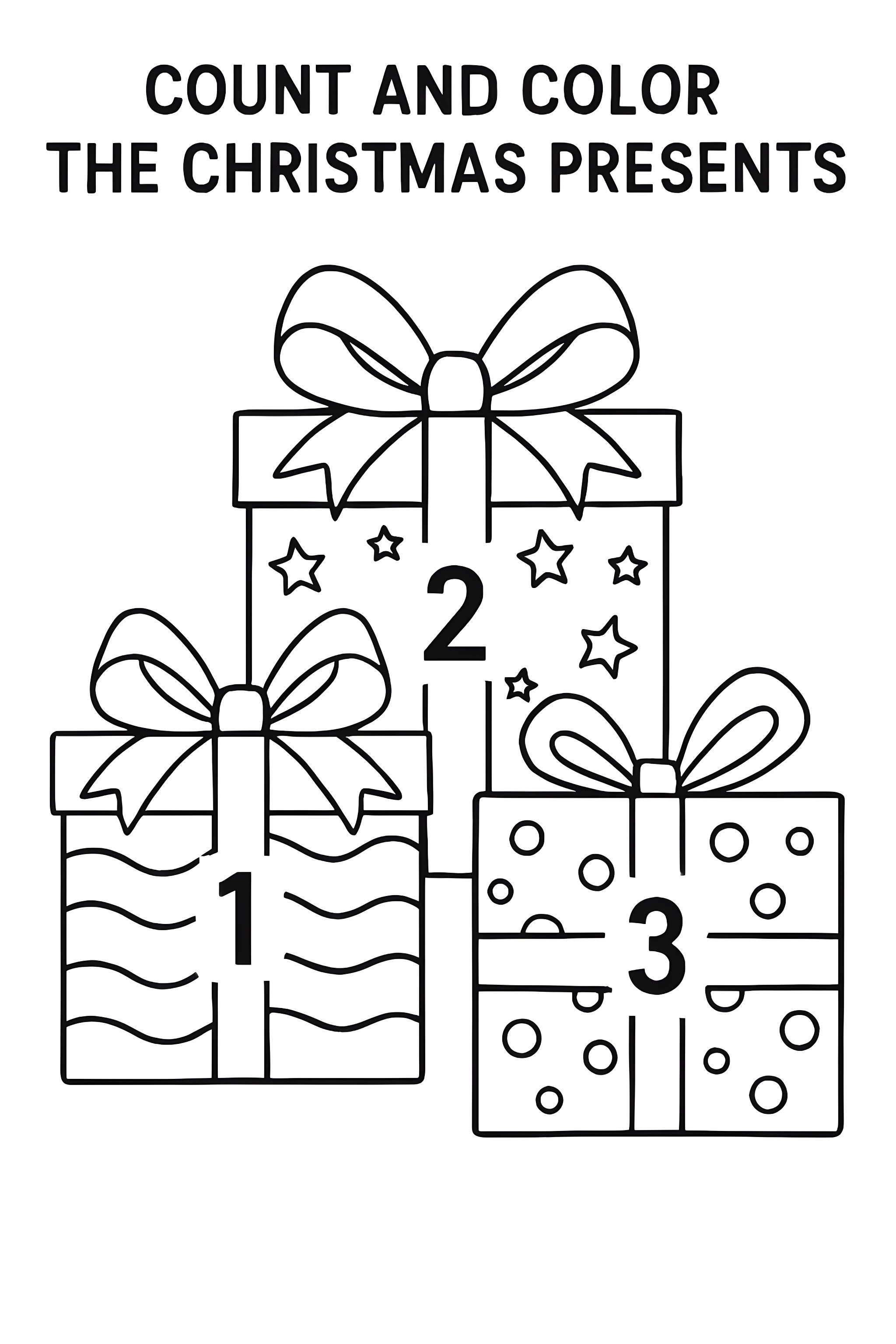 Coloring page depicting three unique Christmas presents, each with distinct designs and numbered 1 to 3