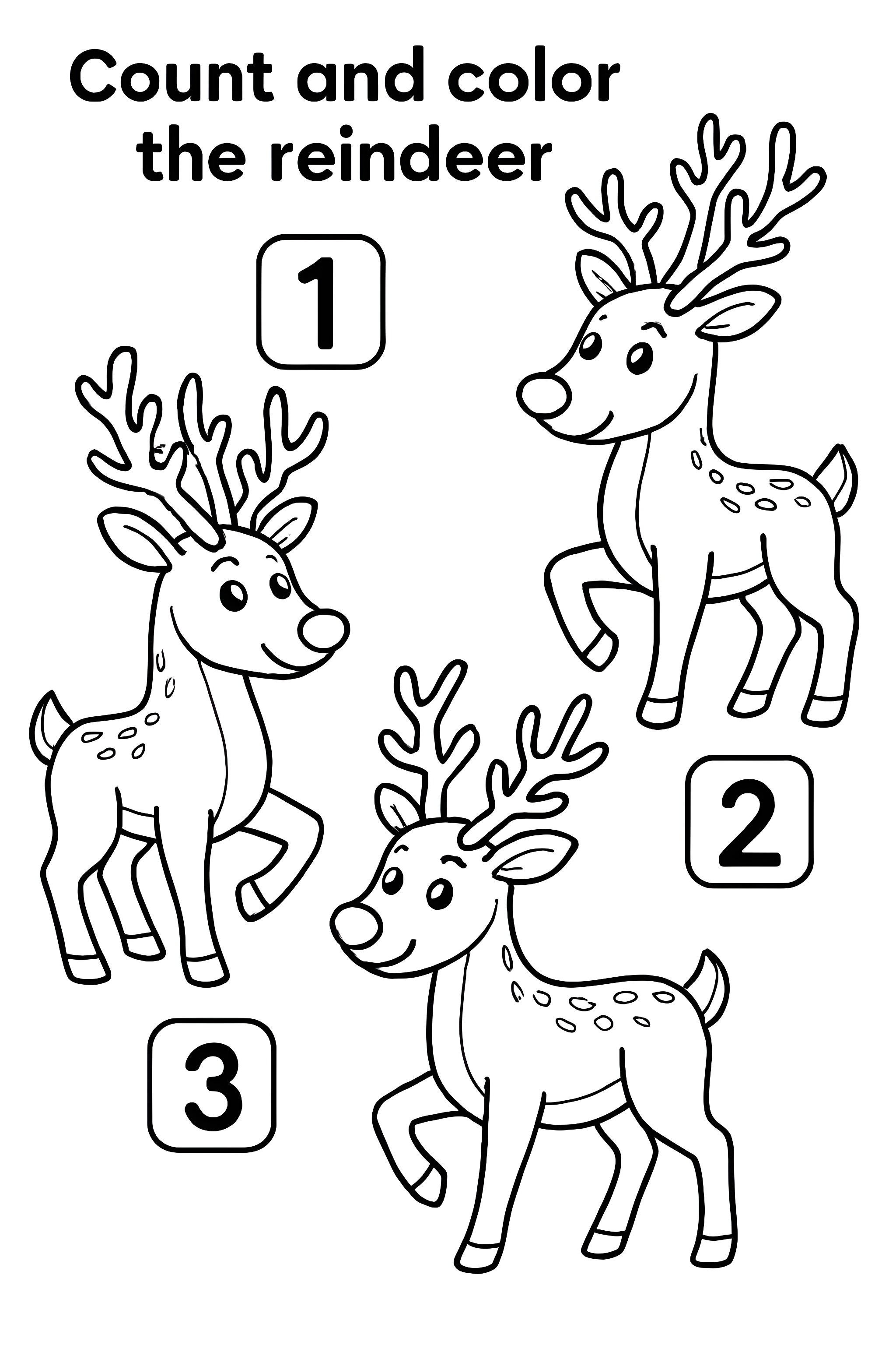 Coloring page featuring three distinct reindeer, each numbered 1 to 3, with antlers and spots for coloring