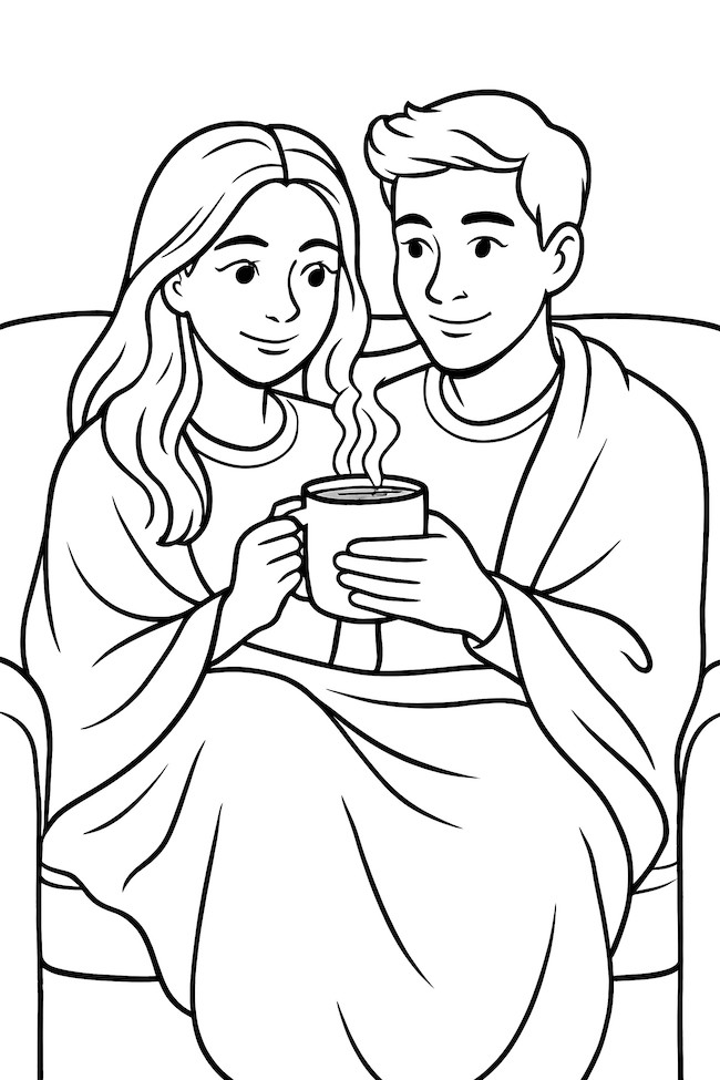 Coloring page of a couple sitting on a couch, wrapped in a blanket while sharing a steaming cup of hot chocolate