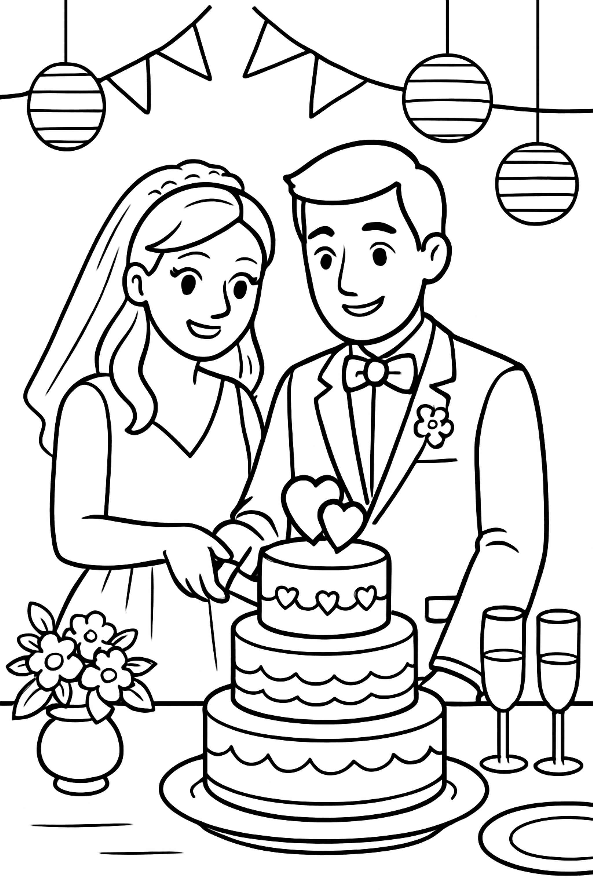 Coloring page depicting a couple cutting a wedding cake, with a three-tier cake featuring hearts and surrounded by decorative elements like flowers and glasses.