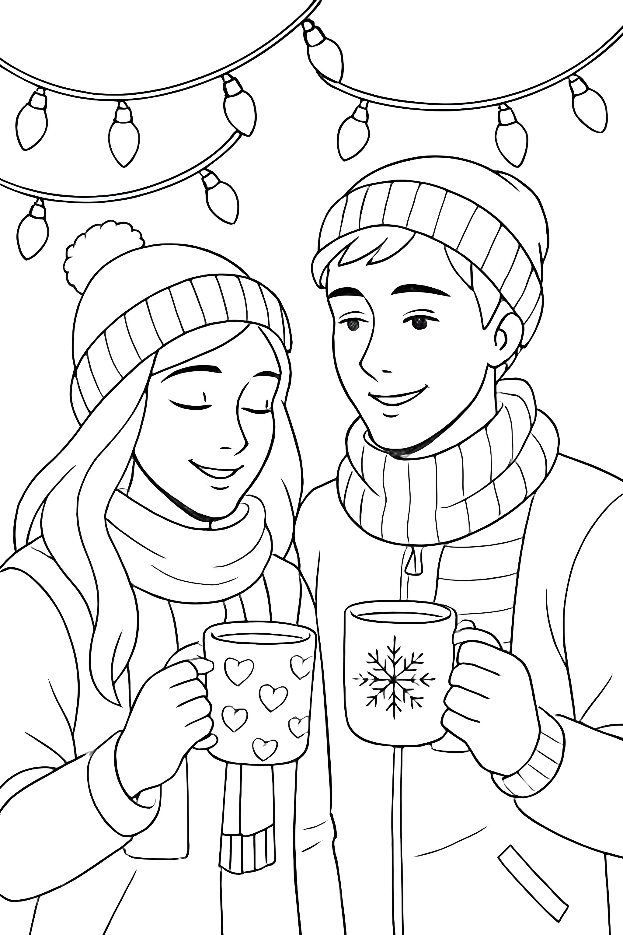 Coloring page of a couple holding mugs of hot cocoa under string lights, with a winter backdrop and warm clothing