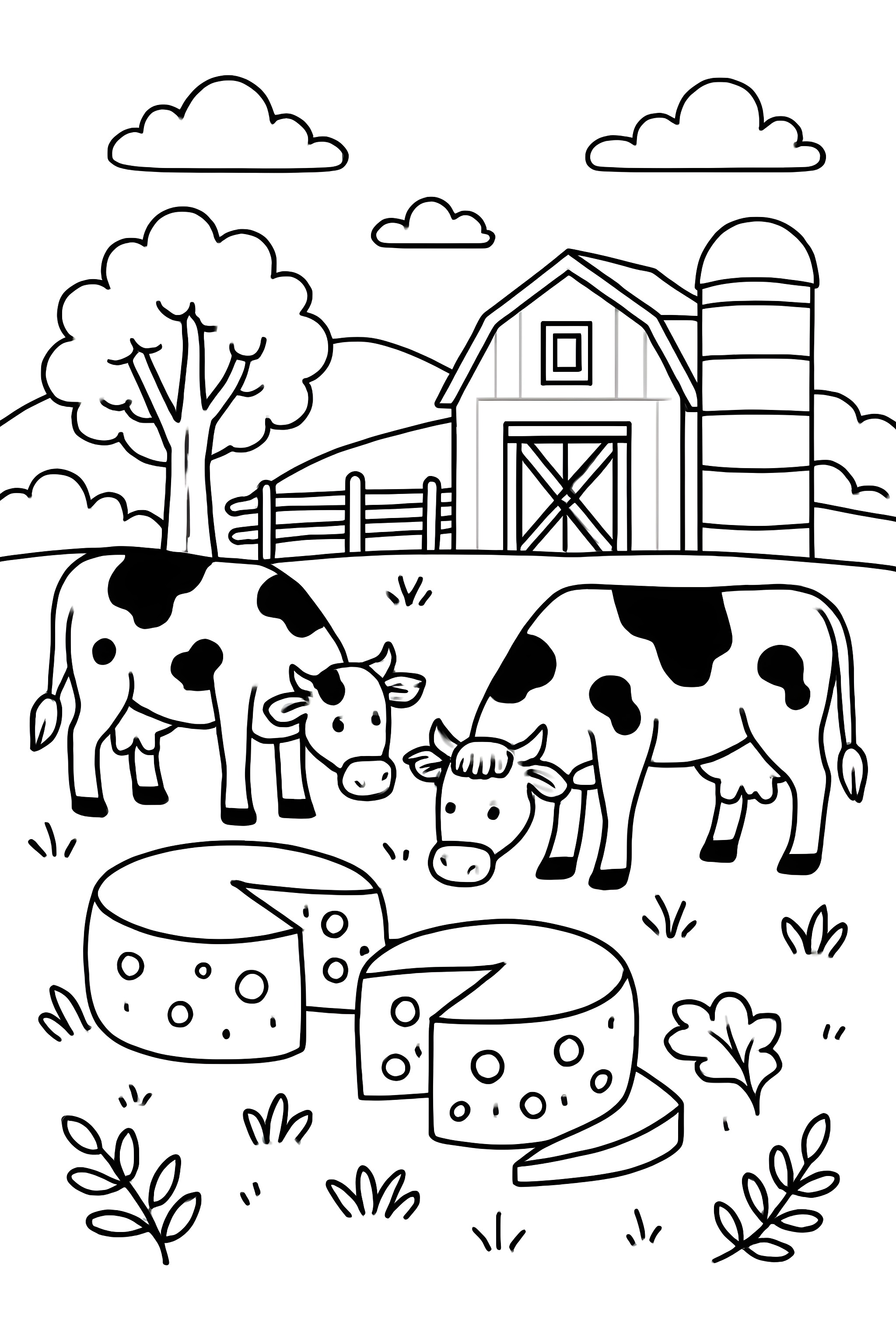 Coloring page depicting two cows grazing near large round cheese bales on a farm with a barn and trees in the background