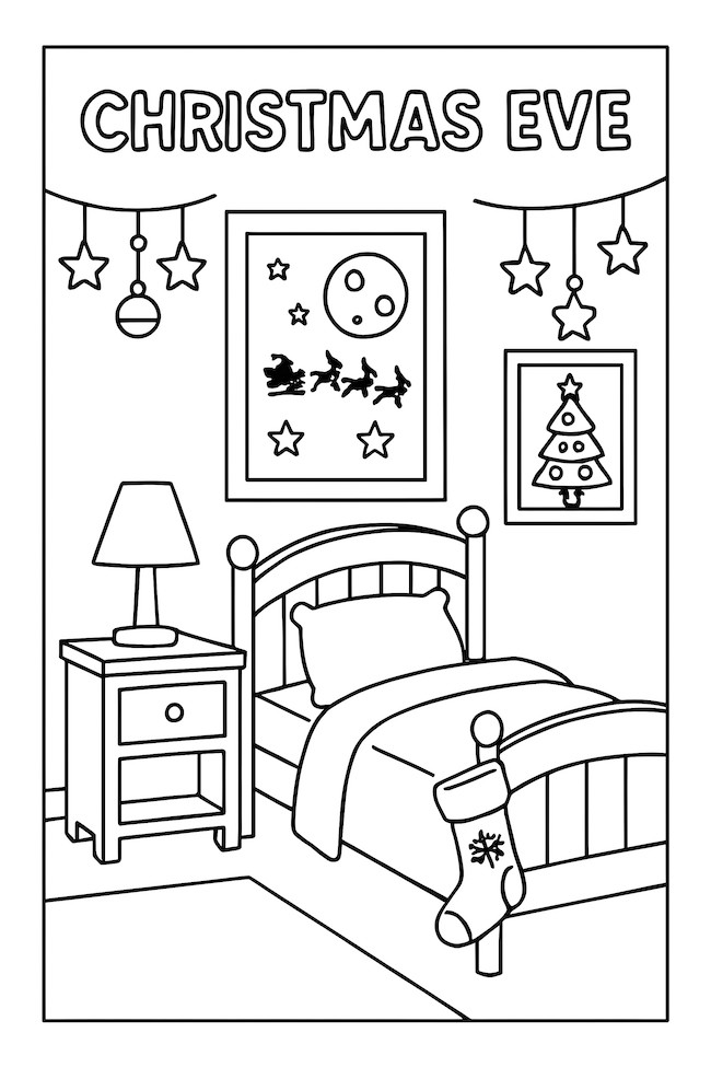 Coloring page of a child's bedroom with a bed, nightstand, lamp, and hanging decorations for Christmas Eve