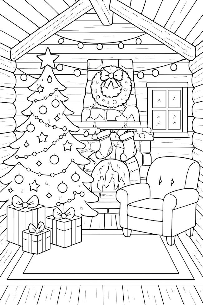Coloring page of a cozy cabin living room with a decorated Christmas tree, glowing lights, fireplace, and gifts