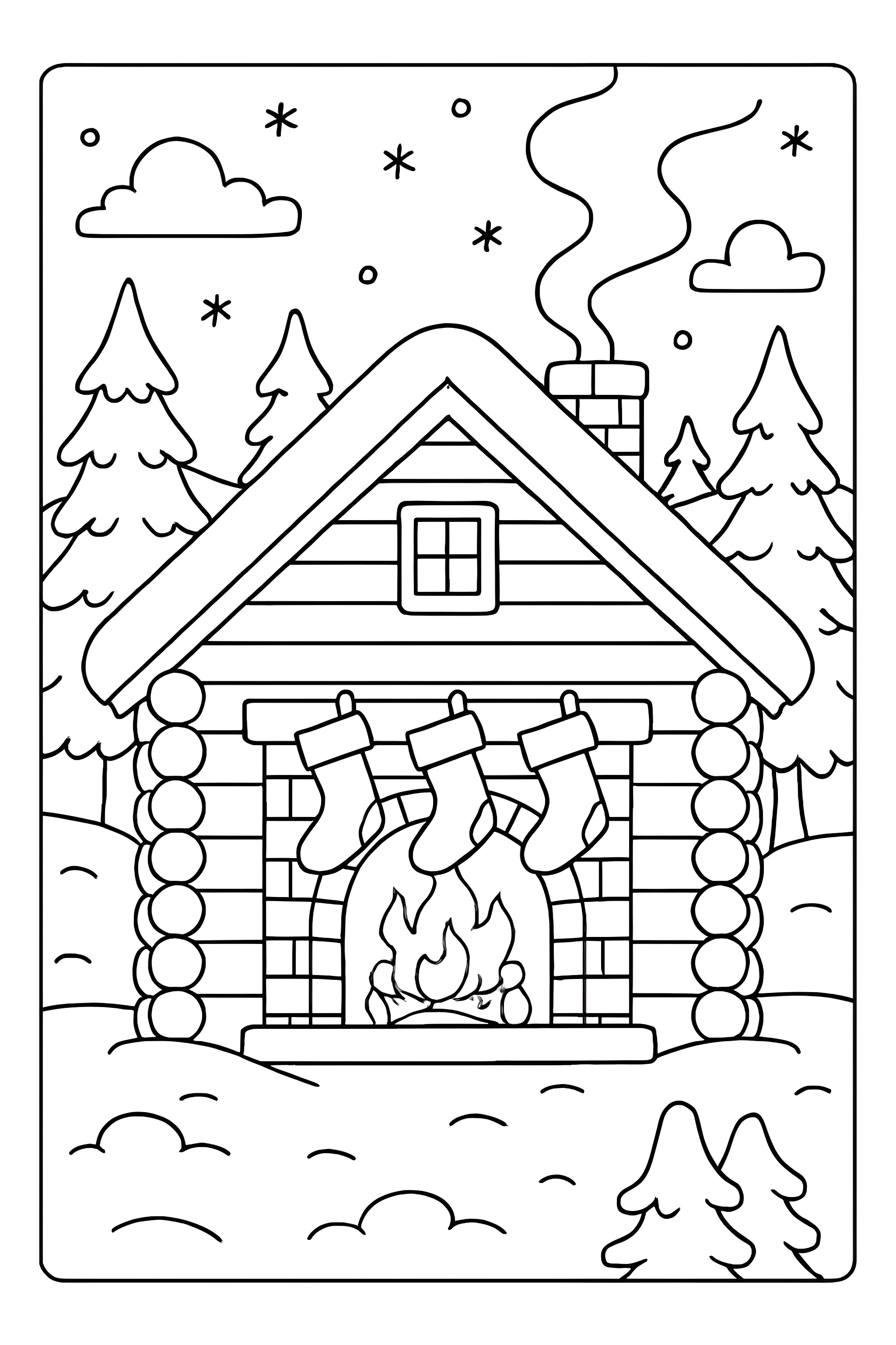 Coloring page of a snowy cabin with Christmas stockings hanging by a fire, surrounded by trees and falling snowflakes