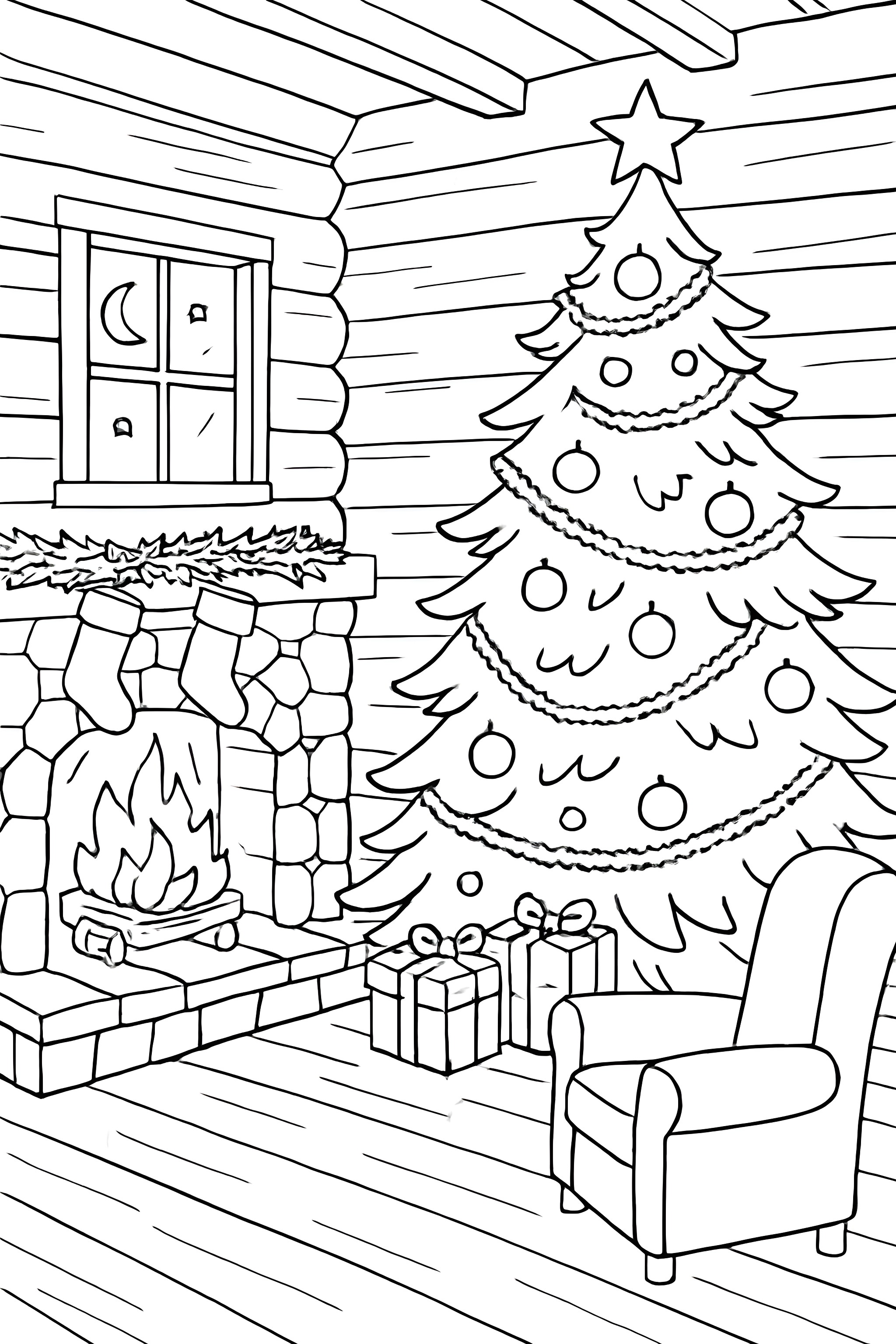 A cozy cabin's interior featuring a large decorated Christmas tree, a stone fireplace with stockings, and wrapped presents beneath the tree.