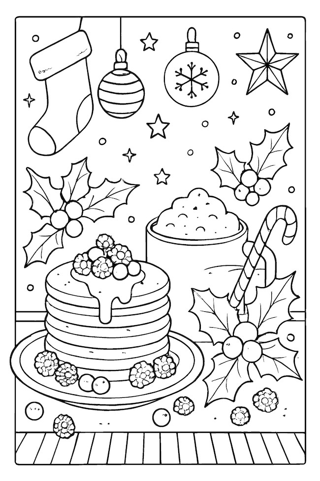 Coloring page of a cozy Christmas breakfast scene featuring pancakes, berries, a cup of hot cocoa, and holly decorations