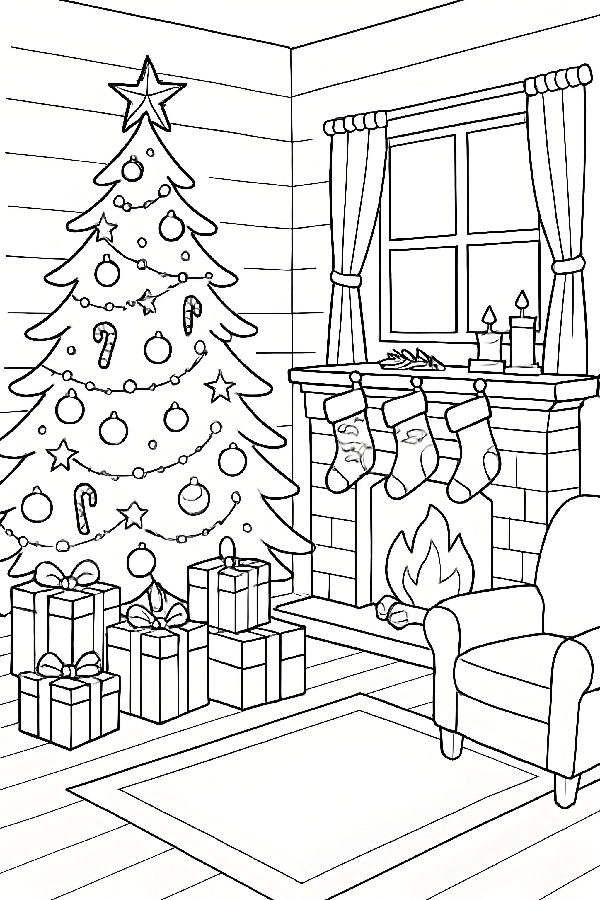 A living room with a Christmas tree, stockings, fireplace, and gifts
