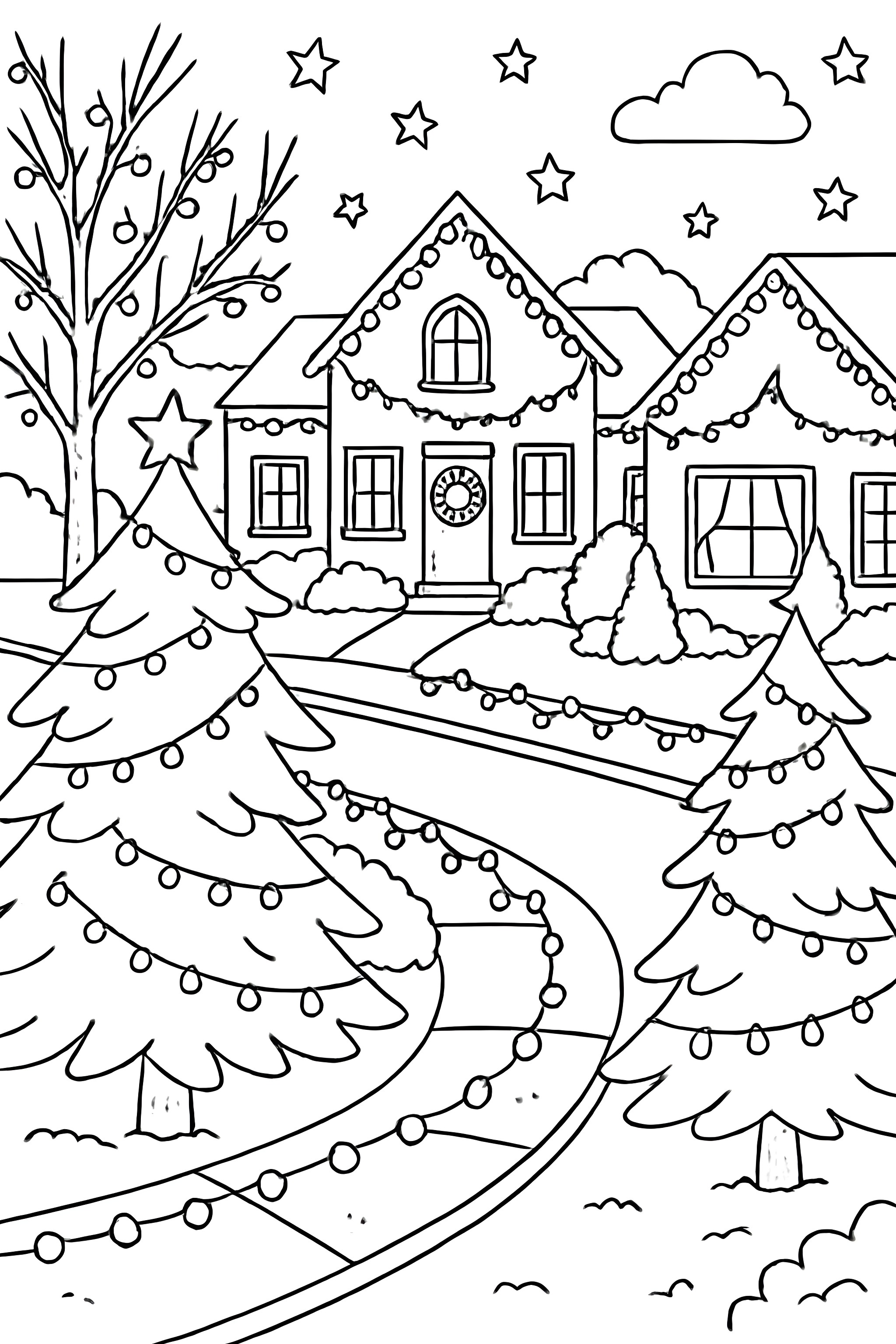 Coloring page of a quiet neighborhood street decorated with Christmas lights on houses and trees, featuring a winding path and a starry sky