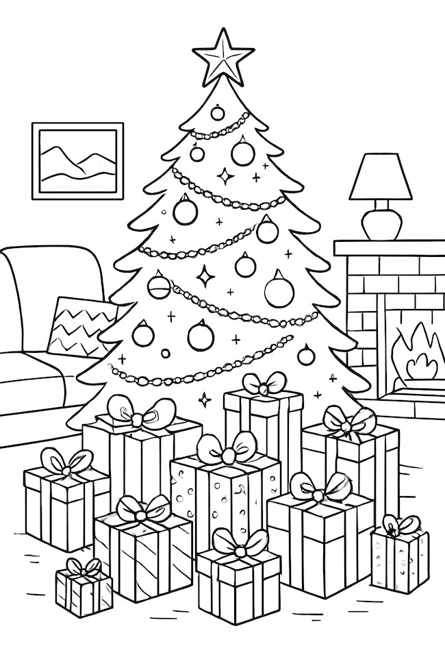 Coloring page of a cozy family room featuring a decorated Christmas tree surrounded by wrapped presents and a fireplace
