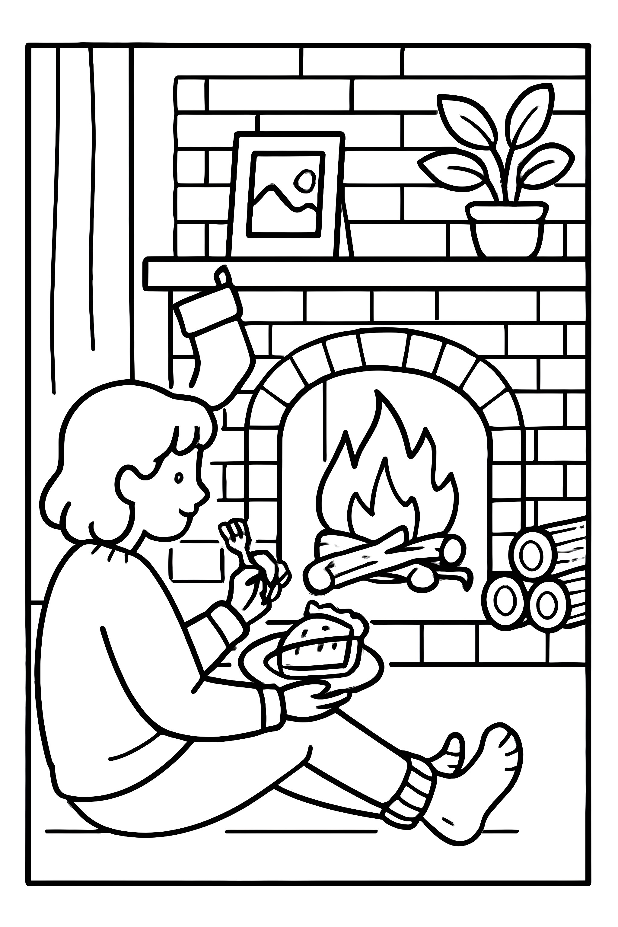Coloring page depicting a person sitting by a fireplace, eating pie, with a plant and framed picture on the mantel