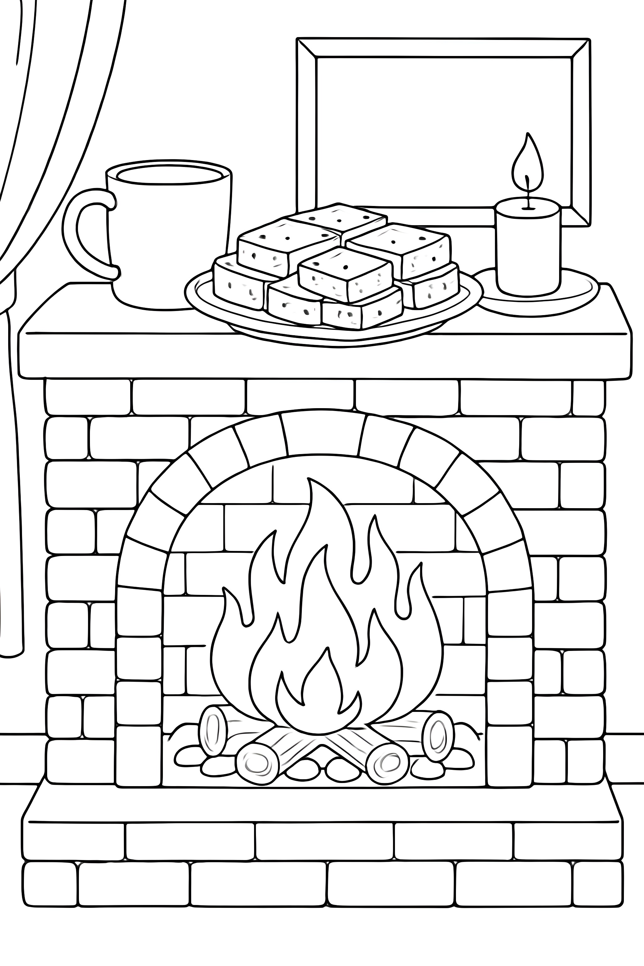 Coloring page featuring a warm fireplace with flames, a plate of brownies, a candle, and a mug on the mantel