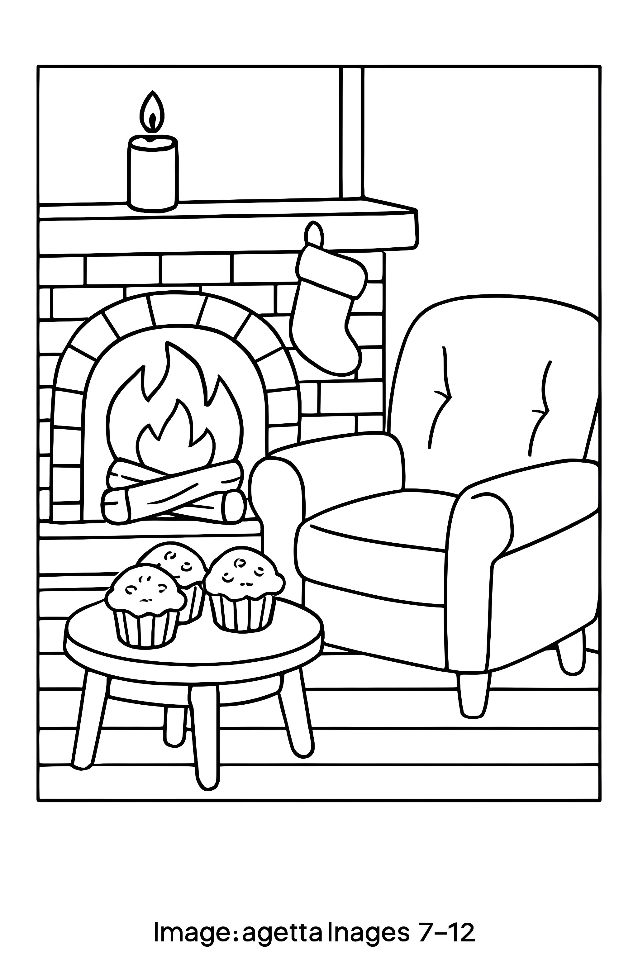 Coloring page of a cozy fireplace scene featuring an armchair, a small table with muffins, and a candle on the mantel