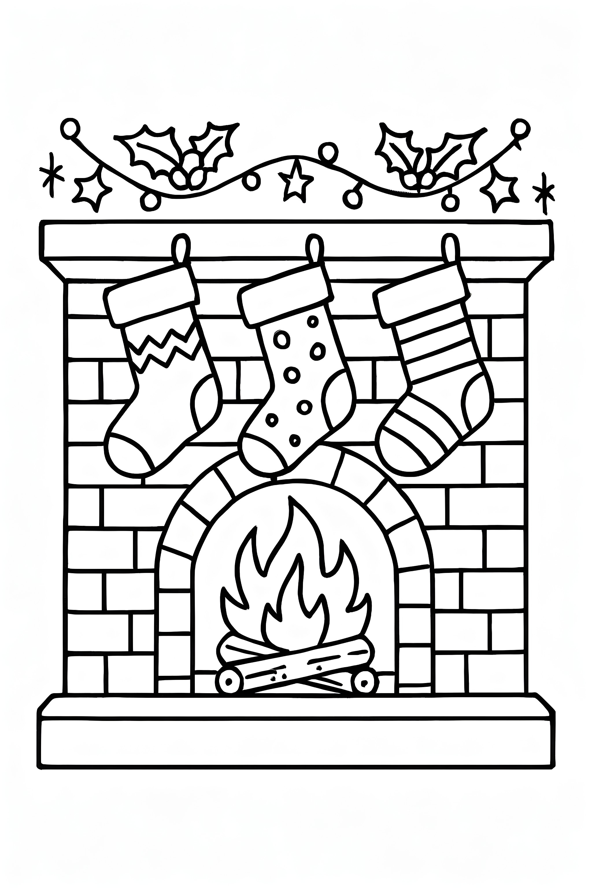 A cozy fireplace with three decorated stockings hanging above and twinkling lights strung around a holly garland