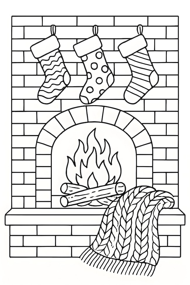 Coloring page of a cozy fireplace with three hanging stockings and a soft knit blanket draped nearby