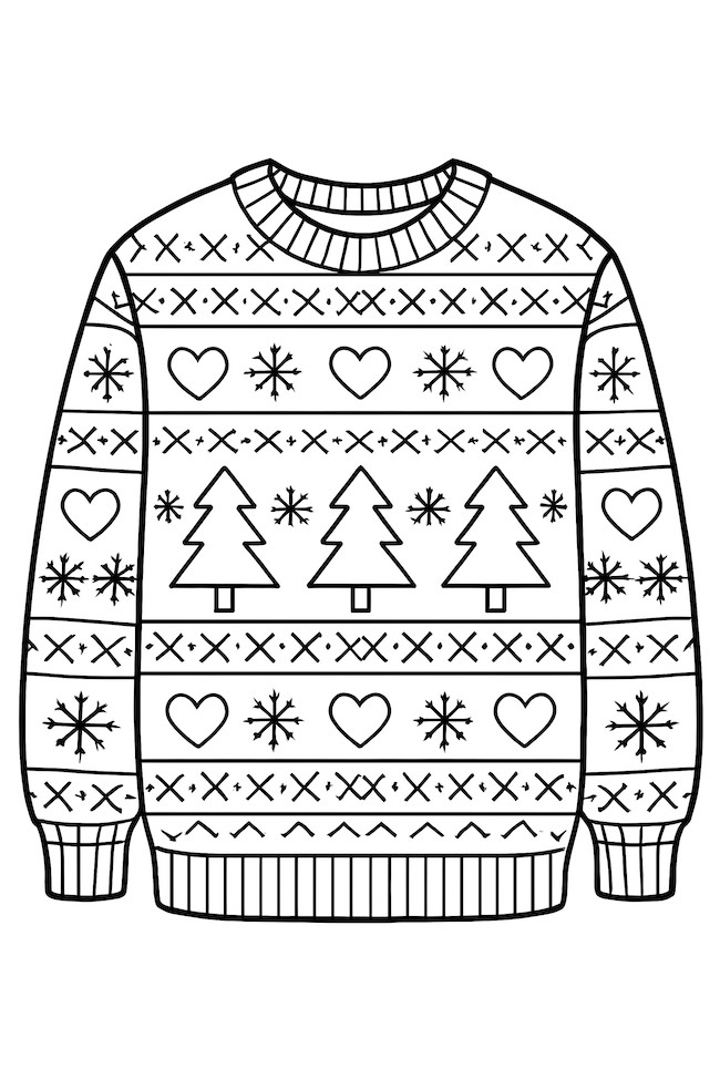 Coloring page of a cozy sweater featuring holiday motifs like trees, hearts, and snowflakes in a knitted pattern