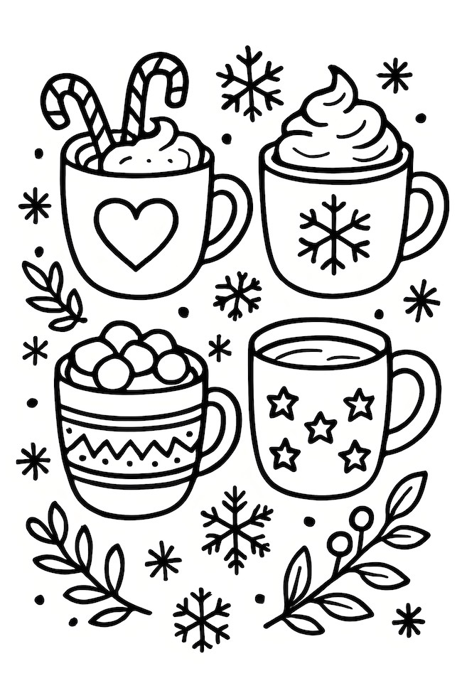 Coloring page featuring four cozy mugs of hot cocoa with winter designs, including candy canes, snowflakes, and marshmallows