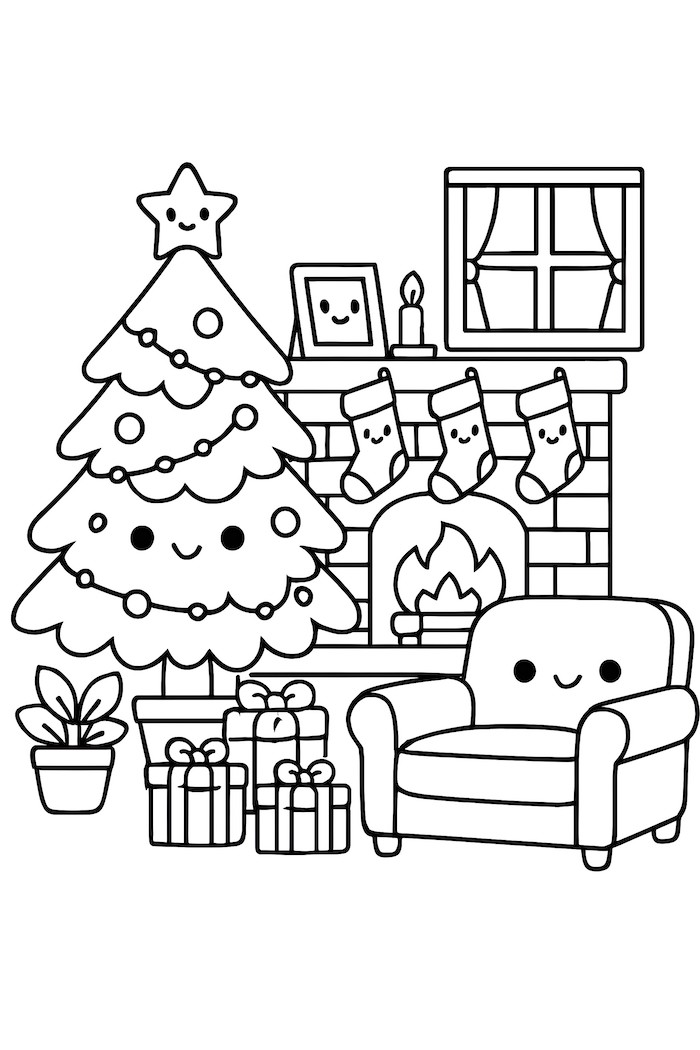 Coloring page of a cozy kawaii living room featuring a Christmas tree, fireplace, stockings, and gifts