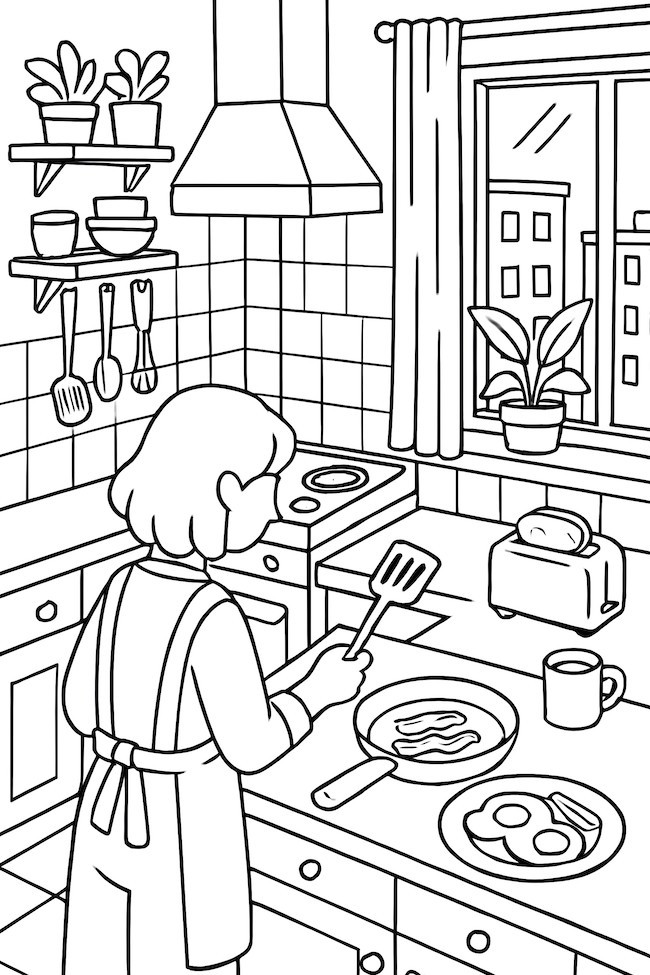 Coloring page of a cozy kitchen scene with a person cooking bacon and serving breakfast items like eggs on a plate