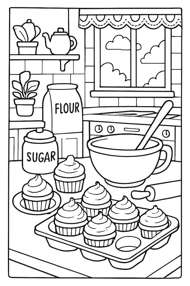 Coloring page of a cozy kitchen with baking supplies, a bowl, flour, sugar, and freshly baked cupcakes in a muffin tray