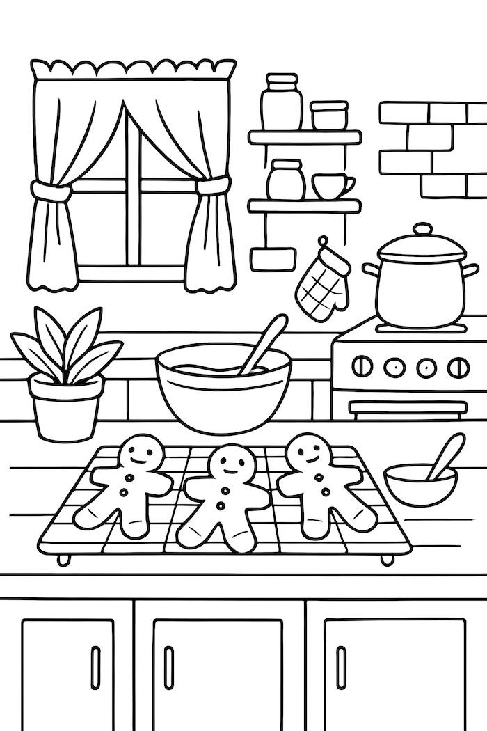 Coloring page of a cozy kitchen with gingerbread men cooling on a rack, a bowl, and kitchen utensils visible.