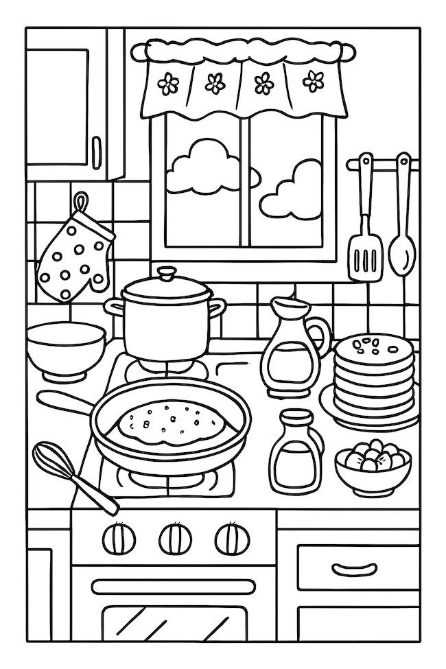 Coloring page of a cozy kitchen scene with pancakes cooking on the stove, a pot on heat, and various kitchen utensils