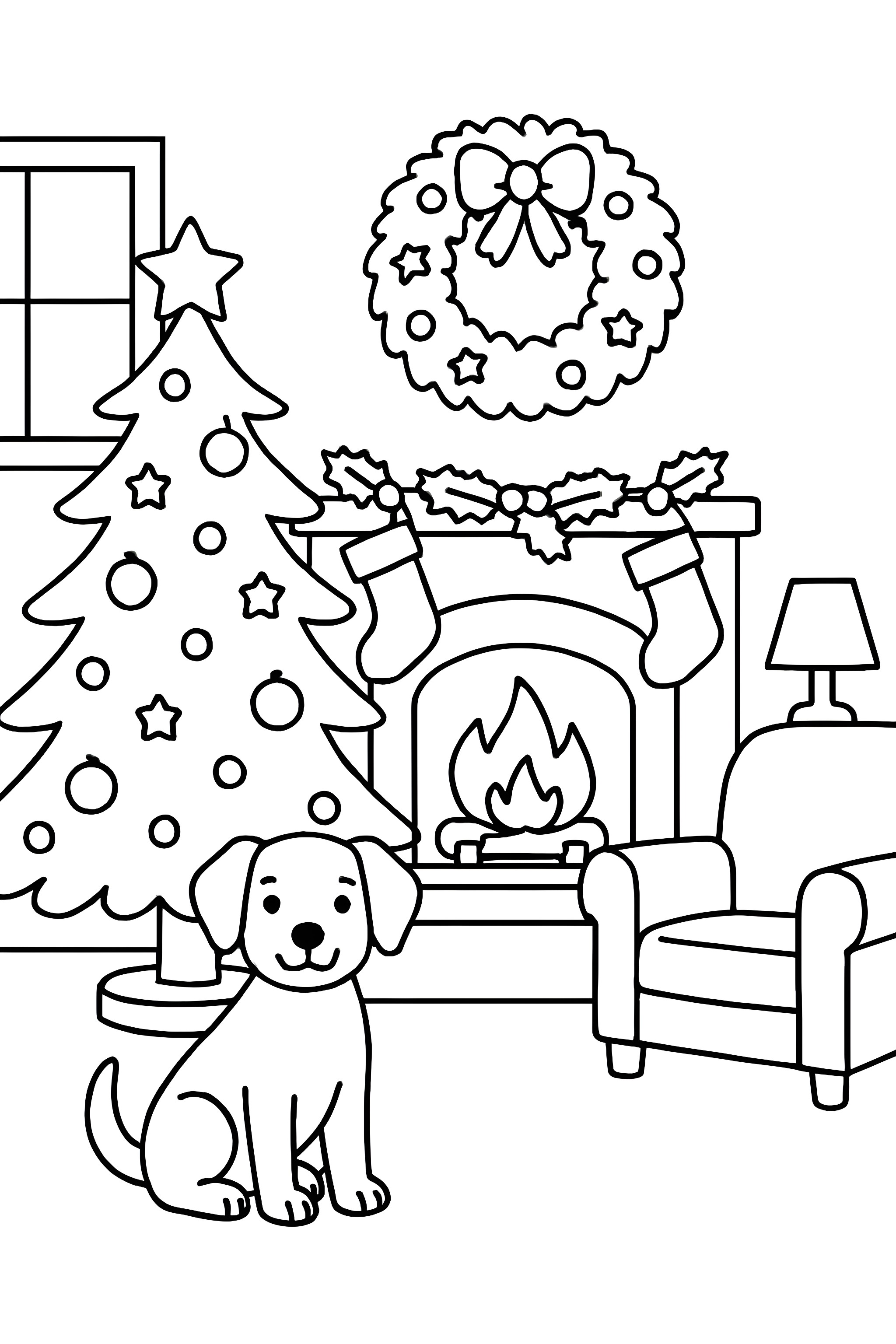 Coloring page depicting a cozy living room featuring a dog beside a fireplace decorated with Christmas stockings, a Christmas tree, and a wreath.