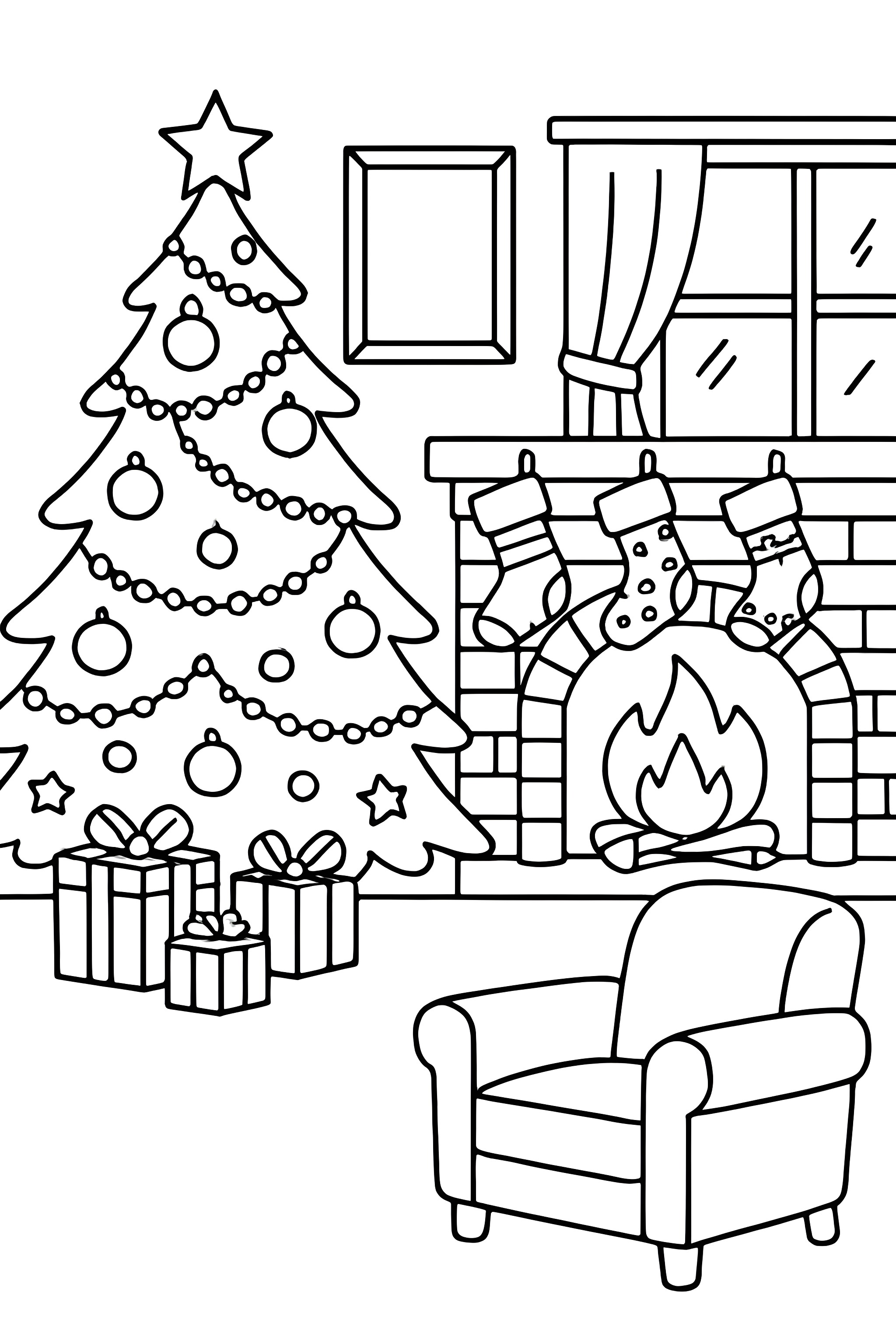 Coloring page of a living room featuring a decorated Christmas tree, stockings hanging by a fireplace, a cozy chair, and wrapped presents