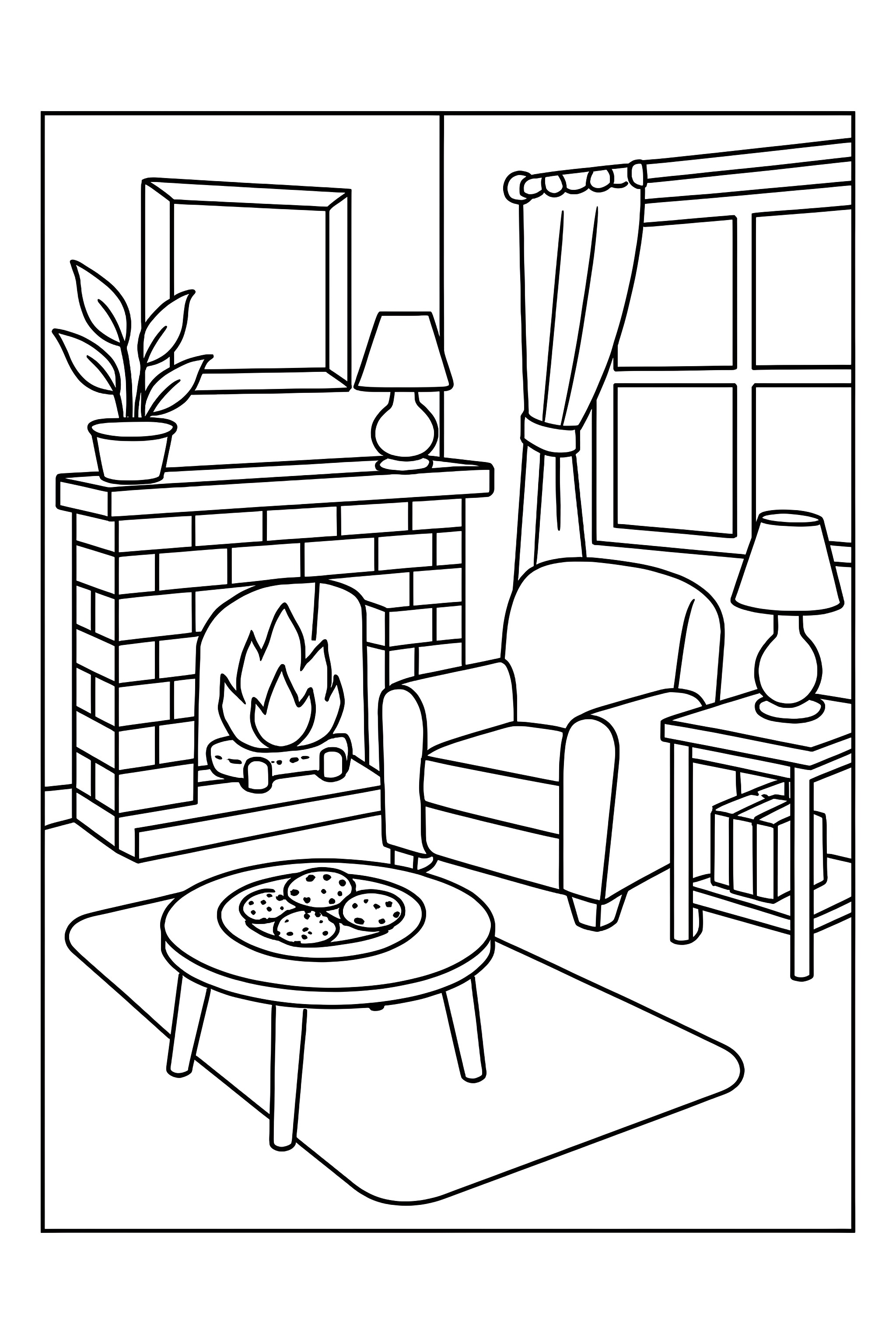 Coloring page featuring a cozy living room scene with a fireplace, a plate of cookies, a plant, and armchair