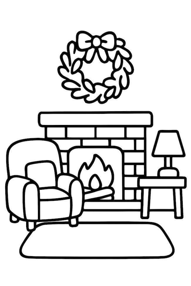 Coloring page featuring a cozy living room scene with a fireplace, a wall wreath, an armchair, a side table, and a lamp