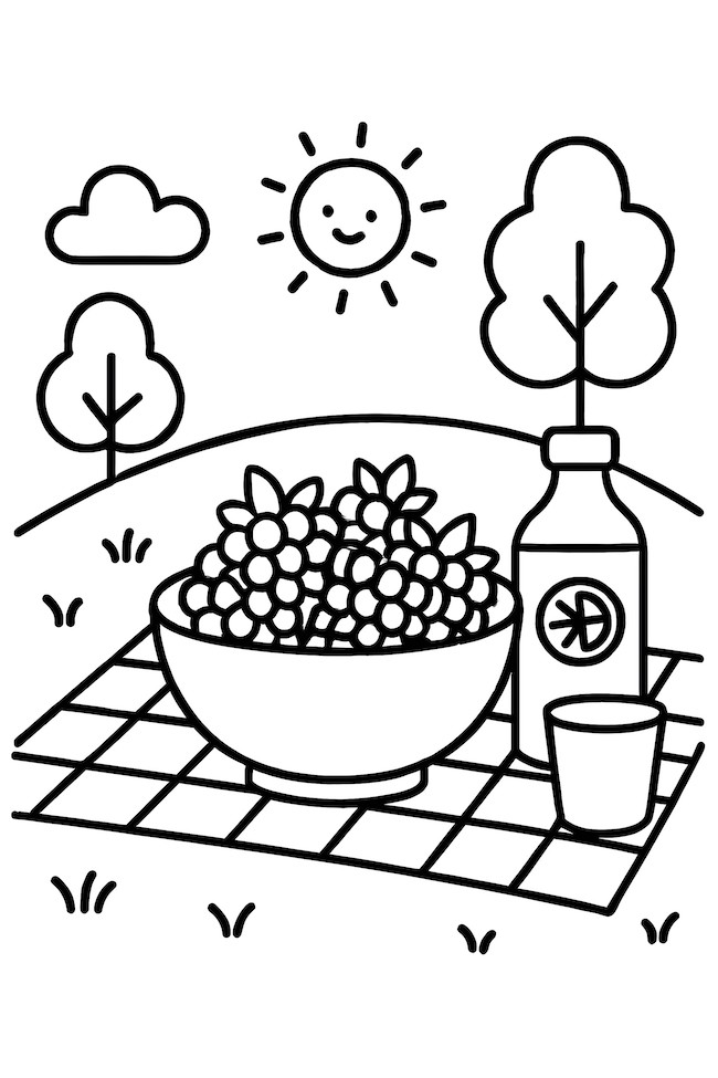 Coloring page of a picnic scene featuring a bowl of blackberries, a drink bottle, and a glass on a picnic blanket with trees and a sun