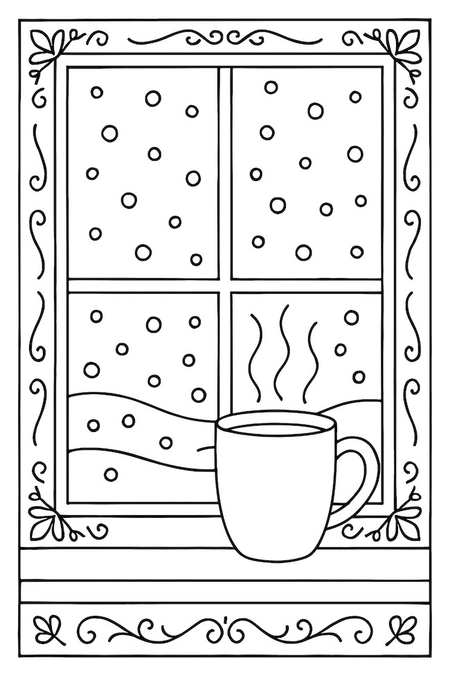 Coloring page of a winter window scene with falling snow and a steaming mug on the sill