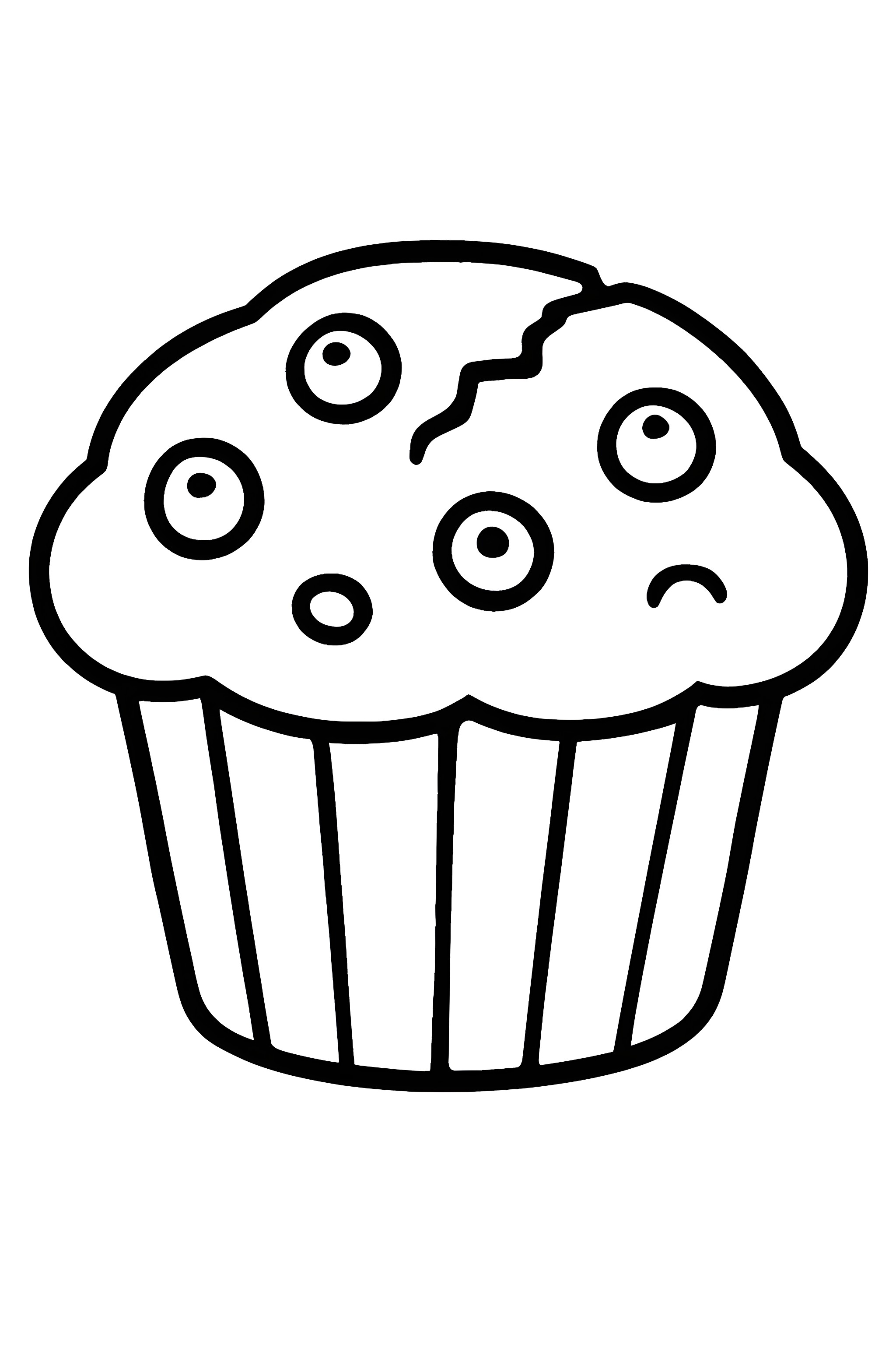 Coloring page of a large blueberry muffin with a distinctive cracked sugar top and round blueberries on the surface.