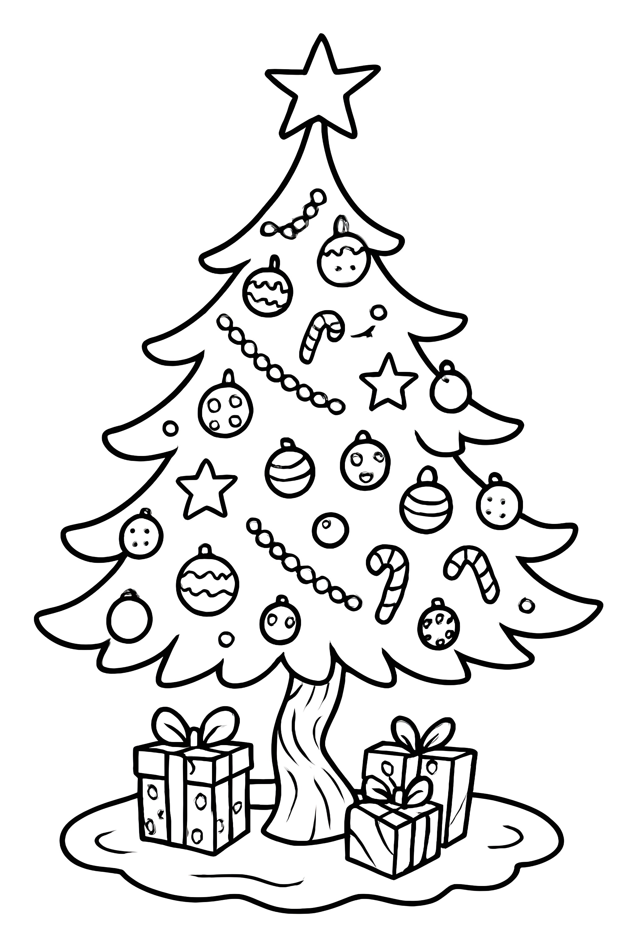 Coloring page of a crooked Christmas tree adorned with quirky decorations and surrounded by wrapped gifts