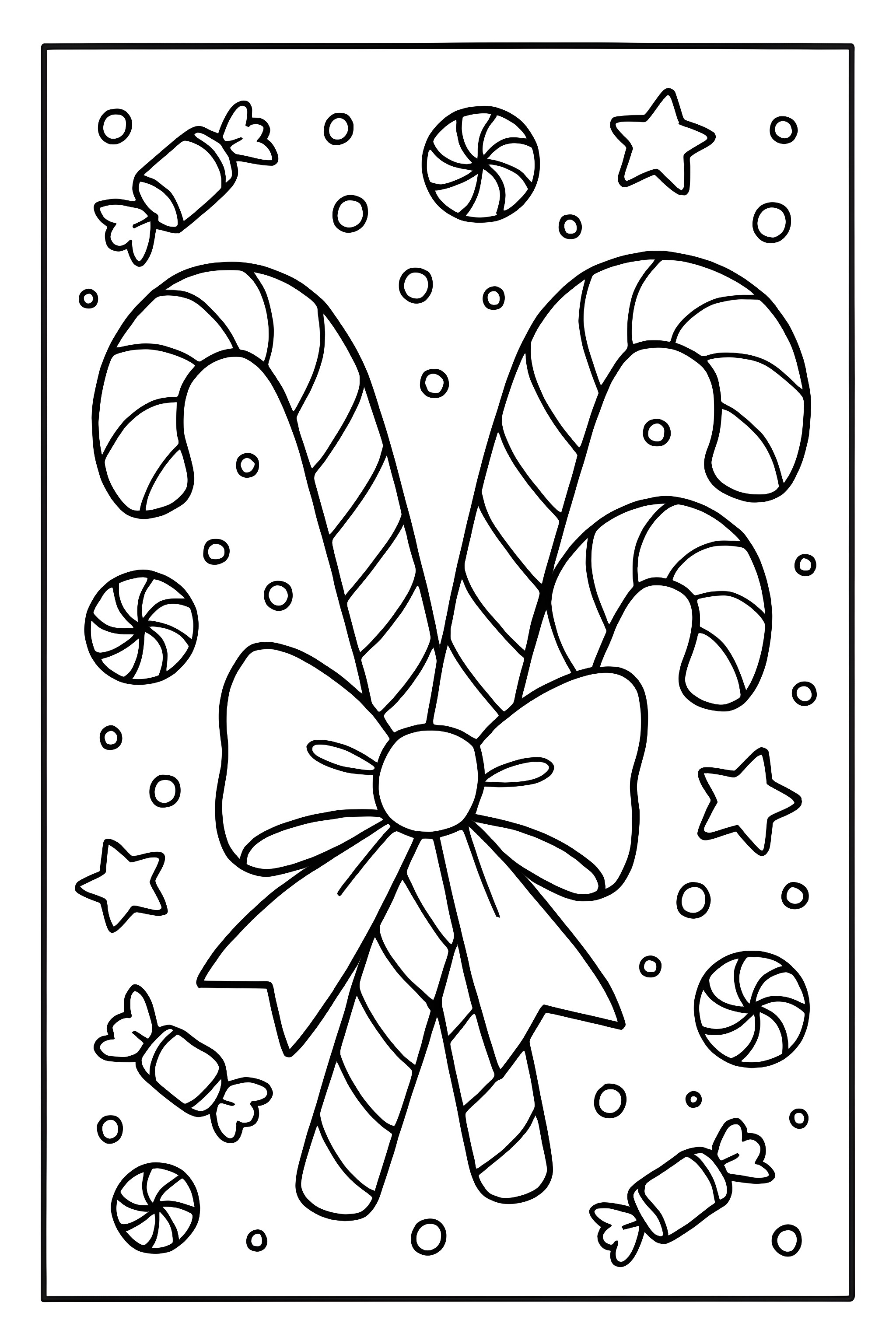 Coloring page featuring two crossed candy canes with a bow, surrounded by various candies and stars
