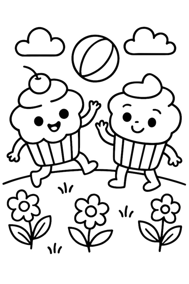 Coloring page of two happy cupcake characters playing together with a ball in a meadow filled with flowers and clouds