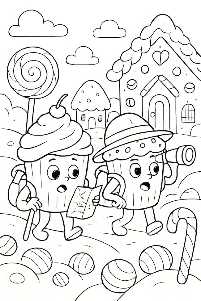 Cupcake characters exploring Candy Land with a map, candy cane, and a whimsical gingerbread house in the background