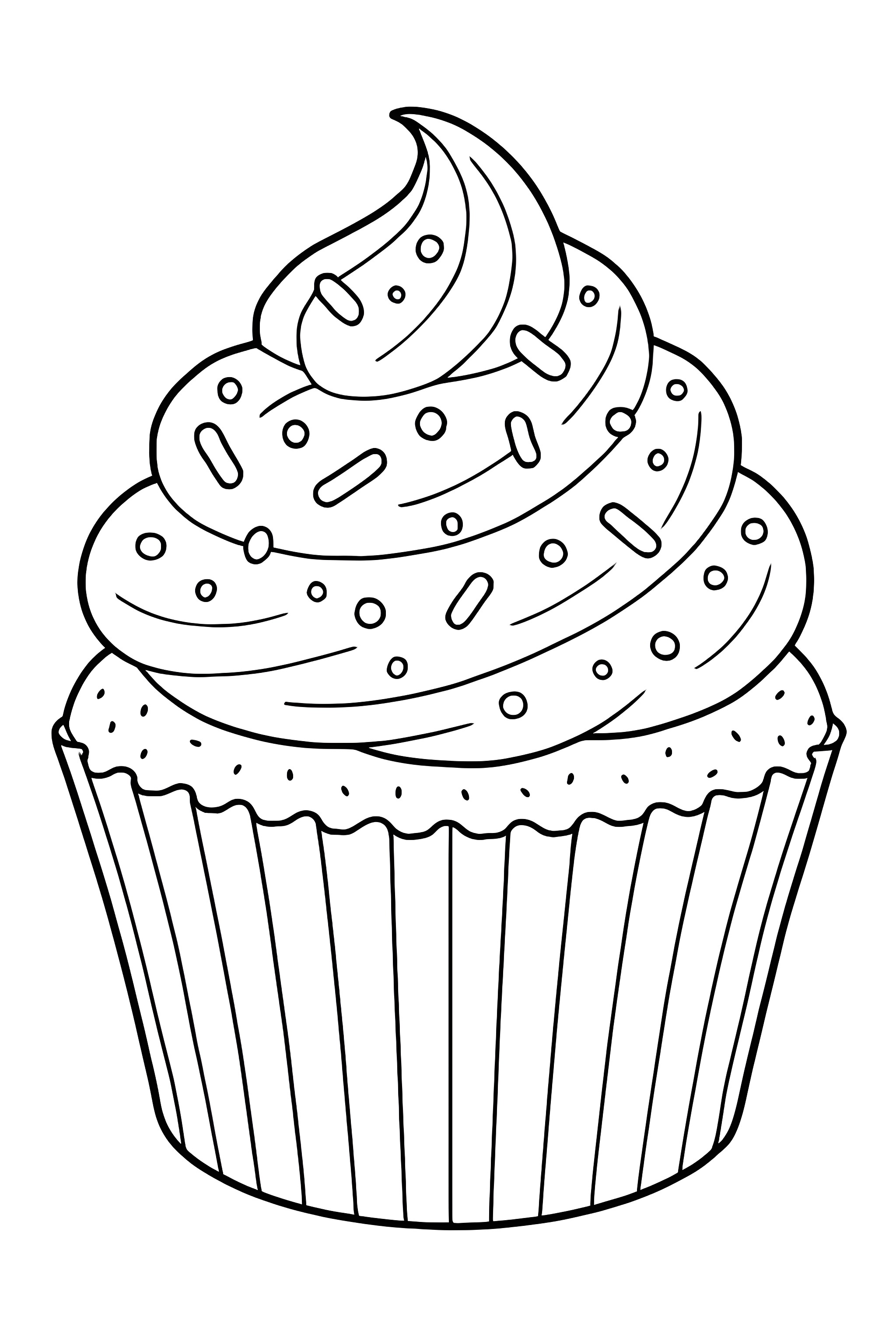 Coloring page of a cupcake-style muffin with swirled frosting and assorted sprinkles on top